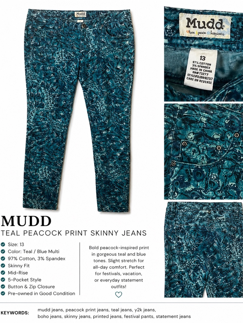 Mudd Teal and Blue Peacock-Print Skinny Jeans